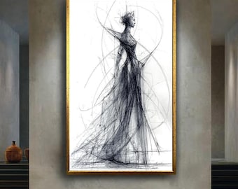 Elegant Fashion Sketch Line Art Canvas, Abstract Woman Silhouette Drawing Print, Minimalist Black and White Figure Wall Decor