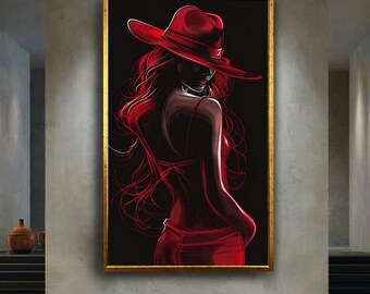 Red hat woman canvas wall art print, seductive dark feminine silhouette artwork, bold modern fashion decor for bedroom or stylish interior