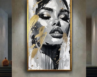 Gold and black abstract woman canvas wall art print, bold modern fashion portrait painting, luxury feminine decor for salon or stylish home