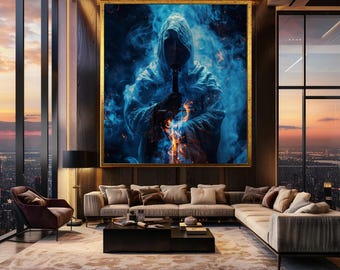Mystical Warrior with Sword Wall Art in Blue Smoke and Fire, Dark Fantasy Canvas Print for Gamer Room or Medieval Themed Decor