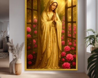 Blessed Virgin Mary Canvas Art In Golden Robe Surrounded By Roses Christian Wall Decor For Faithful Homes And Prayer Spaces