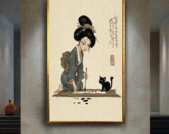 Cute Japanese Geisha Wall Art Print – Funny Kimono Girl with Black Cat Canvas – Anime Style Zen Poster – Traditional Ink Decor