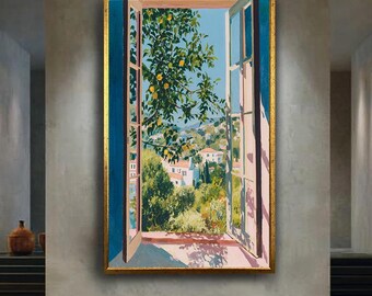 Mediterranean Window View Wall Art with Lemon Tree Scenic Village Print Summer Landscape Coastal Home Decor