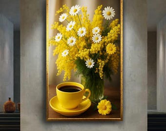 Yellow Coffee Cup with Daisies and Mimosa Flowers Canvas Wall Art, Bright Spring Floral Kitchen Print for Cheerful Home and Cafe Decor