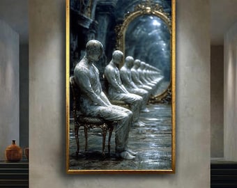 Surreal Marble Statue Wall Art, Repeating Figures in Mirror Room Canvas Print, Conceptual Gothic Fantasy Poster for Dark Home Decor