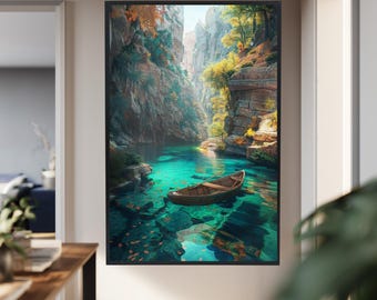 Turquoise River Canyon Canvas Wall Art – Peaceful Boat in Crystal Clear Water Nature Print for Tranquil Home and Meditation Spaces