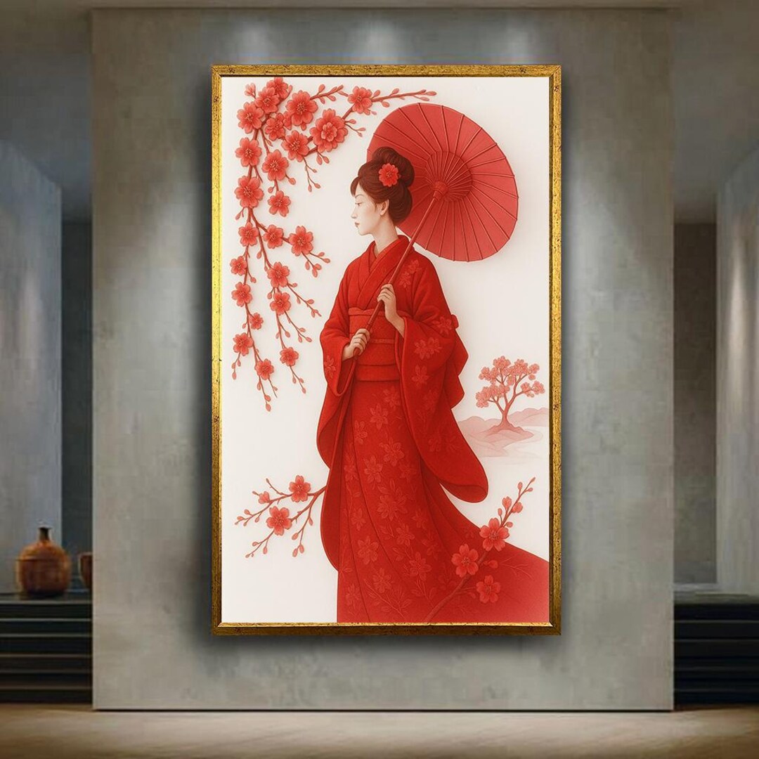Japanese Woman in Red Kimono With Umbrella and Cherry Blossoms Wall Art ...