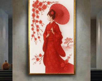 Japanese Woman in Red Kimono with Umbrella and Cherry Blossoms Wall Art, Elegant Oriental Canvas Print for Japandi or Zen Decor