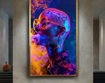 Neon Portrait Wall Art Bold Tattooed Person with Smoke and Vibrant Colors Futuristic Cyberpunk Artwork Modern Home Decor