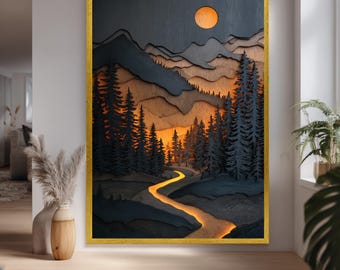 Sparkling River and Full Moon Layered Mountain Landscape Canvas Wall Print, Rustic Forest Scene for Country House  Decor or Themed Interiors