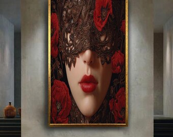Sensual Woman Portrait Canvas Wall Art with Red Poppies, Lace Mask and Red Lips, Romantic Mysterious Modern Home Decor