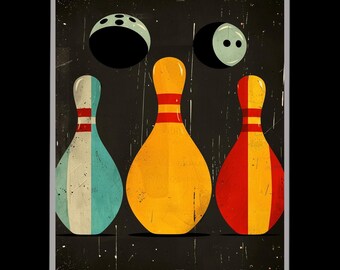 Retro Bowling Canvas Wall Art With Colorful Pins And Balls For Vintage Game Room Or Mid Century Sport Themed Decor Accent