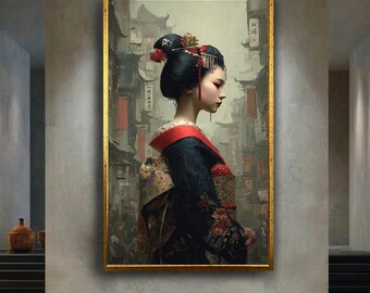 Traditional Japanese Woman Canvas Wall Art in Embroidered Kimono – Geisha Portrait Print for Cultural, Zen or Vintage Asian Decor