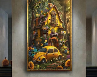 Fairy Tale Cottage Canvas Wall Art – Enchanted Yellow House with Flowers and Vintage Car – Whimsical Fantasy Print for Cozy Decor