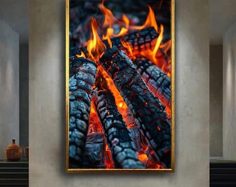 Burning Campfire Logs Canvas Wall Art – Cozy Rustic Firewood Flames Print, Warm Fireplace Decor for Cabin, Lodge, or Outdoor Lovers