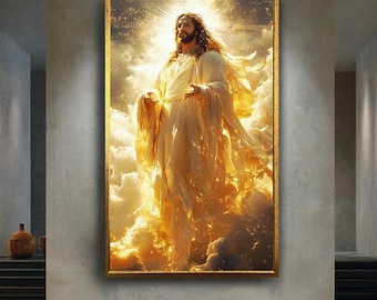 Heavenly Jesus Canvas Wall Art, Glowing Christ Print for Christian Home Decor, Spiritual Religious Poster for Living Room or Church