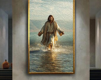 Jesus Walking on Water Oil Painting Style Canvas, Christian Religious Wall Art of Faith and Miracles, Spiritual God Inspired Home Decor Gift