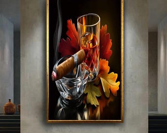 Whiskey Glass and Cigar Wall Art with Autumn Leaves, Luxury Bar Decor Print for Men’s Lounge or Sophisticated Gift Idea
