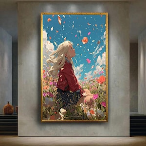 Anime Girl in Flower Field Canvas Wall Art, Whimsical Spring Anime Poster, Blonde Girl Artwork, Japanese Pastel Fantasy Print