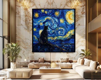 Van Gogh Inspired Starry Night Cat Wall Art, Whimsical Black Cat Under Starry Sky Canvas Print for Artistic and Dreamy Home Decor