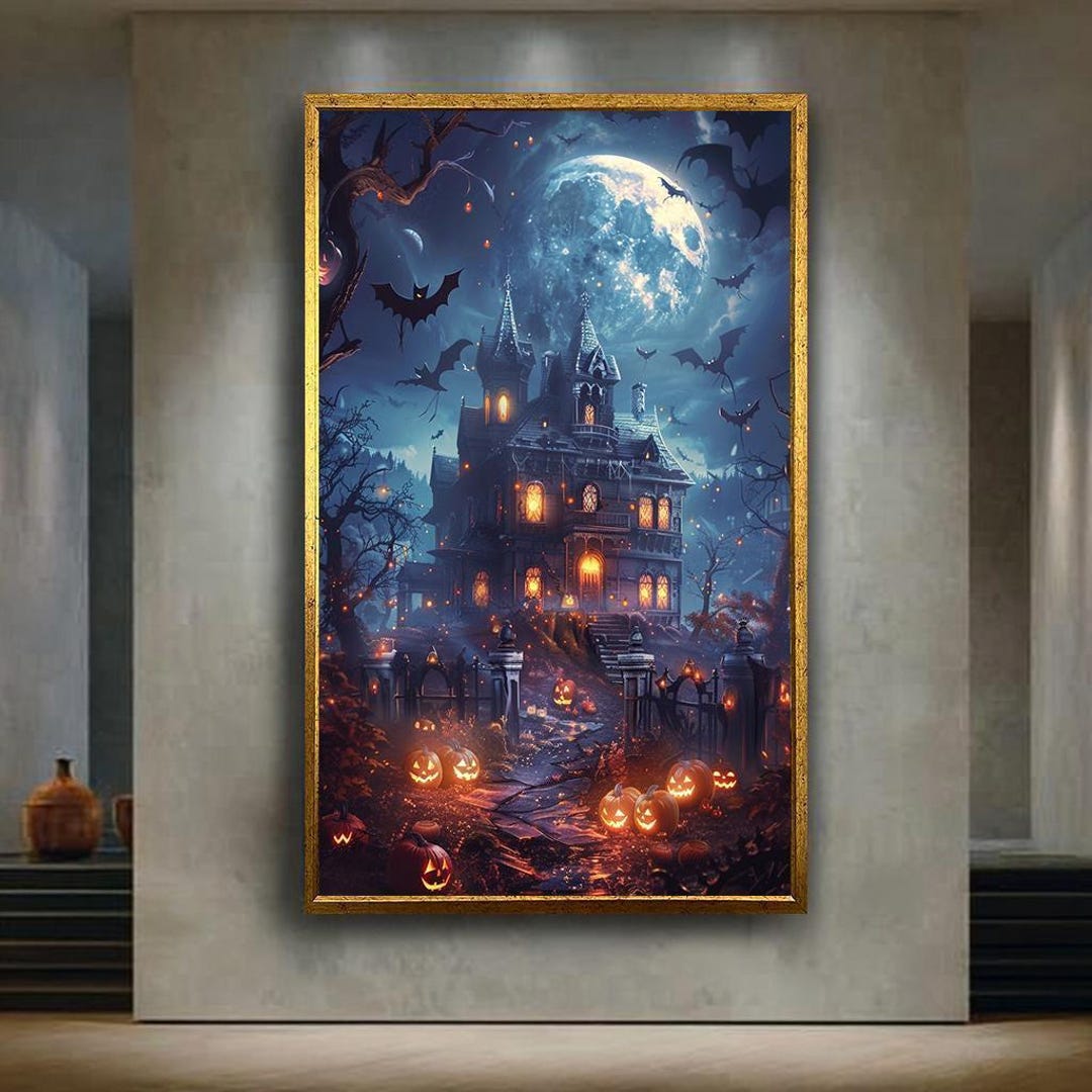 Haunted House Halloween Canvas Wall Art With Glowing Pumpkins and Bats ...