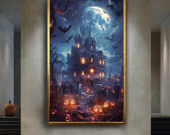 Haunted House Halloween Canvas Wall Art with Glowing Pumpkins and Bats – Spooky Gothic Mansion Print for Fall or Horror Home Decor