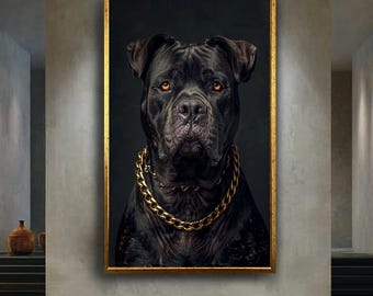 Black Cane Corso Dog Canvas Wall Art Print | Bold Luxury Pet Portrait with Gold Chain for Urban Modern Home Decor or Dog Lovers