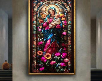 Virgin Mary and Baby Jesus Stained Glass Art Print – Floral Religious Wall Decor with Roses and Sunflowers for Spiritual Interiors