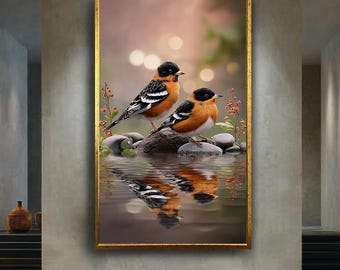Realistic Bird Wall Art Print, Nature Reflection Canvas Art, Tranquil Orange Birds on River Rocks, Wildlife Home Decor Artwork