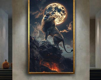Roaring Lion Full Moon Canvas Wall Art – Majestic Wildlife Scene on Cliff, Powerful Big Cat Animal Print for Bold Nature Home Decor
