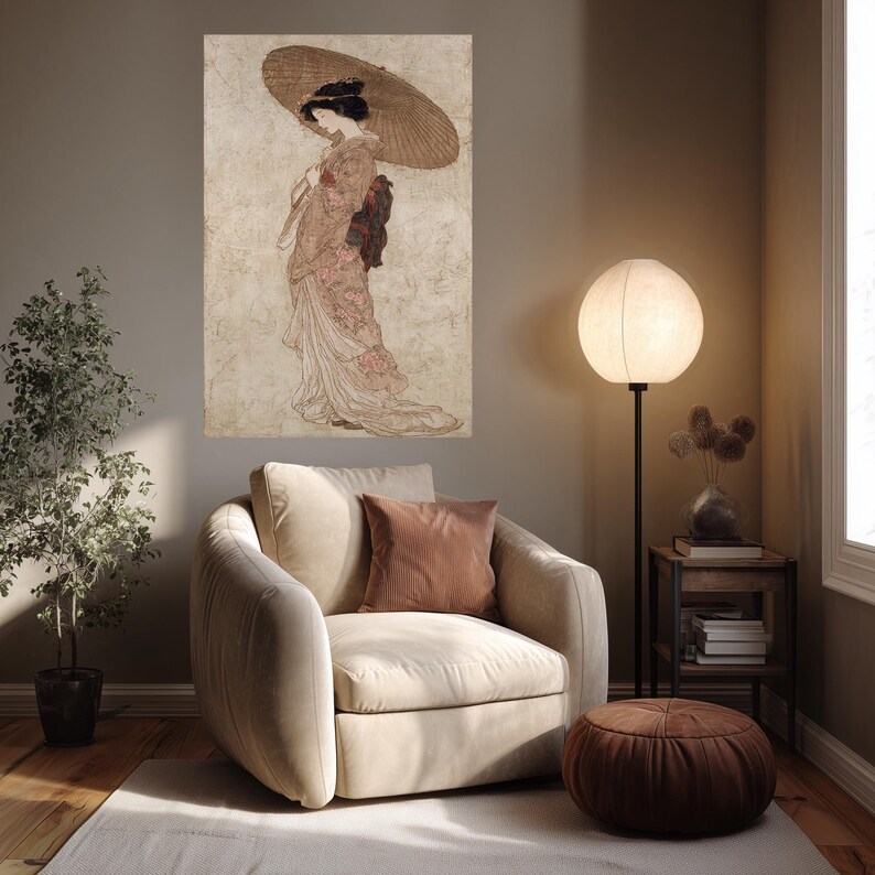 Vintage Japanese Woman Canvas Wall Art With Kimono and Umbrella ...
