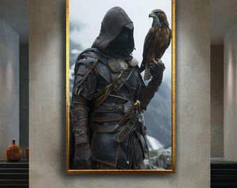 Hooded Ranger with Falcon Canvas Wall Art – Medieval Fantasy Assassin in Leather Armor, Epic Hunter Print for Adventure Inspired Home Decor