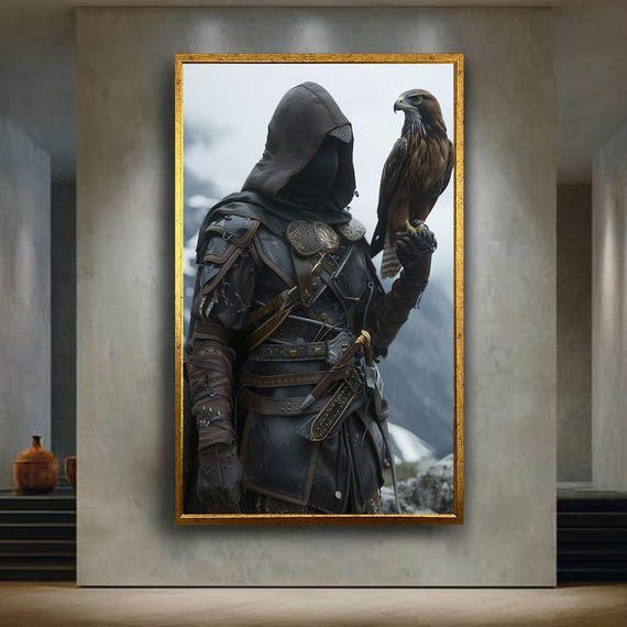 Hooded Ranger With Falcon Canvas Wall Art – Medieval Fantasy
