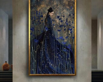 Elegant Asian Woman Canvas Wall Art in Dark Blue Dress Surrounded by Flowers, Fantasy Princess Style Wall Decor for Bedroom or Hallway