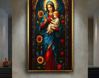 Virgin Mary and Child Stained Glass Canvas Wall Art, Sacred Catholic Religious Print with Flowers, Christian Spiritual Home Decor