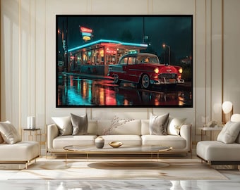 Vintage Car in Rainy Night Neon Scene Retro Diner Wall Art Canvas Print Classic 1950s American Style Decor for Home or Office