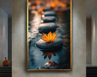 Romantic Autumn Leaf Canvas Wall Art with Stone Path and Water Reflection – Moody Fall Nature Print for Cozy Zen Home Decor