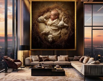 Newborn Baby Surrounded by Lambs Canvas Wall Art – Peaceful Nativity Inspired Print for Nursery and Spiritual Home Decor