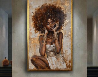 Golden Afro Woman Canvas Wall Art, Elegant Feminine Portrait Print, Modern Boho Chic Artwork for Bedroom or Living Room Decor