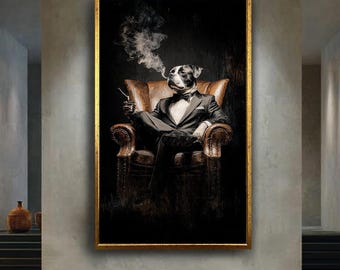 Refined Smoking Dog Wall Art with Tuxedo, Bulldog Gentleman Illustration for Sophisticated Decor and Unique Animal Gift Idea