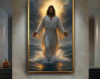 Jesus Walking on Water Canvas Art Print, Christian Wall Decor Poster, Biblical Religious Artwork, Faith Inspirational Home Art