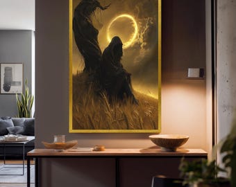 Hooded Figure Under Golden Eclipse Canvas Wall Art – Dark Fantasy Landscape for Gothic Home Decor, Witchy Room or Mystic Interior Style