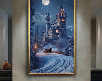 Fairy Tale Winter Castle Wall Art Snowy Night Canvas Print Horse Carriage Fantasy Scene Poster for Holiday Home Decor Gift