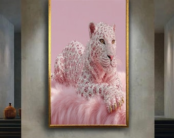Pink Diamond Leopard Canvas Wall Art on Fur, Glam Luxury Animal Print for Fashionable Decor, Sparkly Feminine Statement Artwork