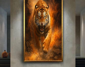 Fierce Tiger Canvas Wall Art, Fiery Jungle Predator Print, Powerful Wildlife Artwork for Bold Home or Office Decor