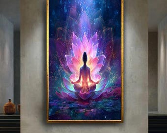 Lotus Meditation Canvas Wall Art – Mystical Spiritual Woman with Chakra Energy – Yoga Enlightenment Print for Zen and Sacred Decor