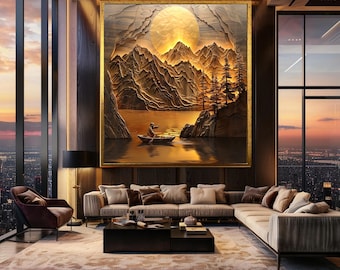 Golden Sunset Canoe Canvas Wall Art – Mountain Landscape with Layered Wood, Glowing Sun and Peaceful Lake Scene