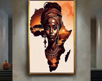 African woman canvas wall art print, ethnic tribal portrait with sunset map design, cultural home decor, afrocentric artwork for living room