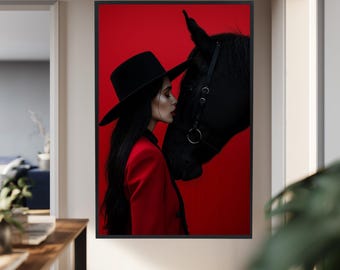 Woman and Black Horse Wall Art Canvas – Stylish Equestrian Photography Print with Red Background, Elegant Emotional Modern Décor