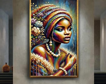 Colorful African woman canvas wall art print, ethnic portrait with pearls and flowers, afrocentric artwork for modern home decor